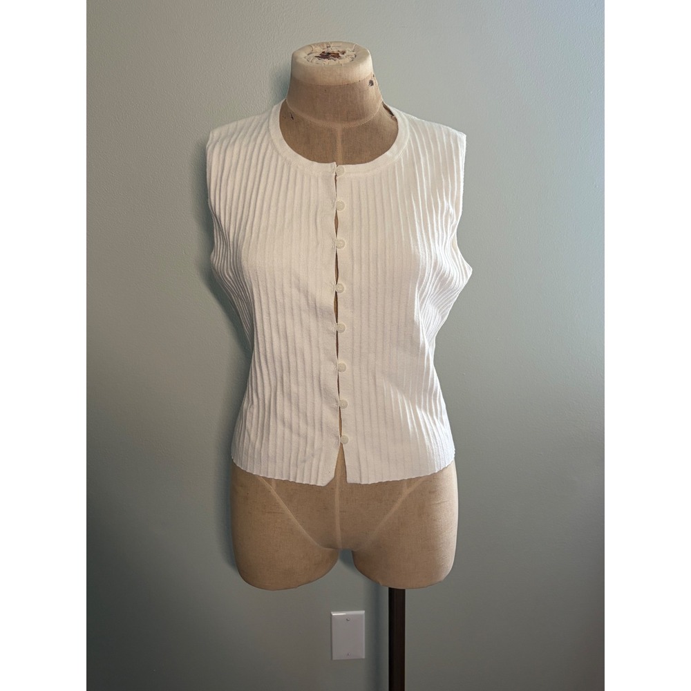 White Ribbed Knit Sleeveless Coastal Preppy Cardigan Top XL